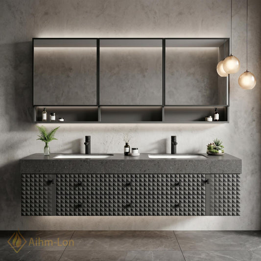 60''-96'' Double Bathroom Vanity with Sink Modern Floating Geometric Facade Dark Stone