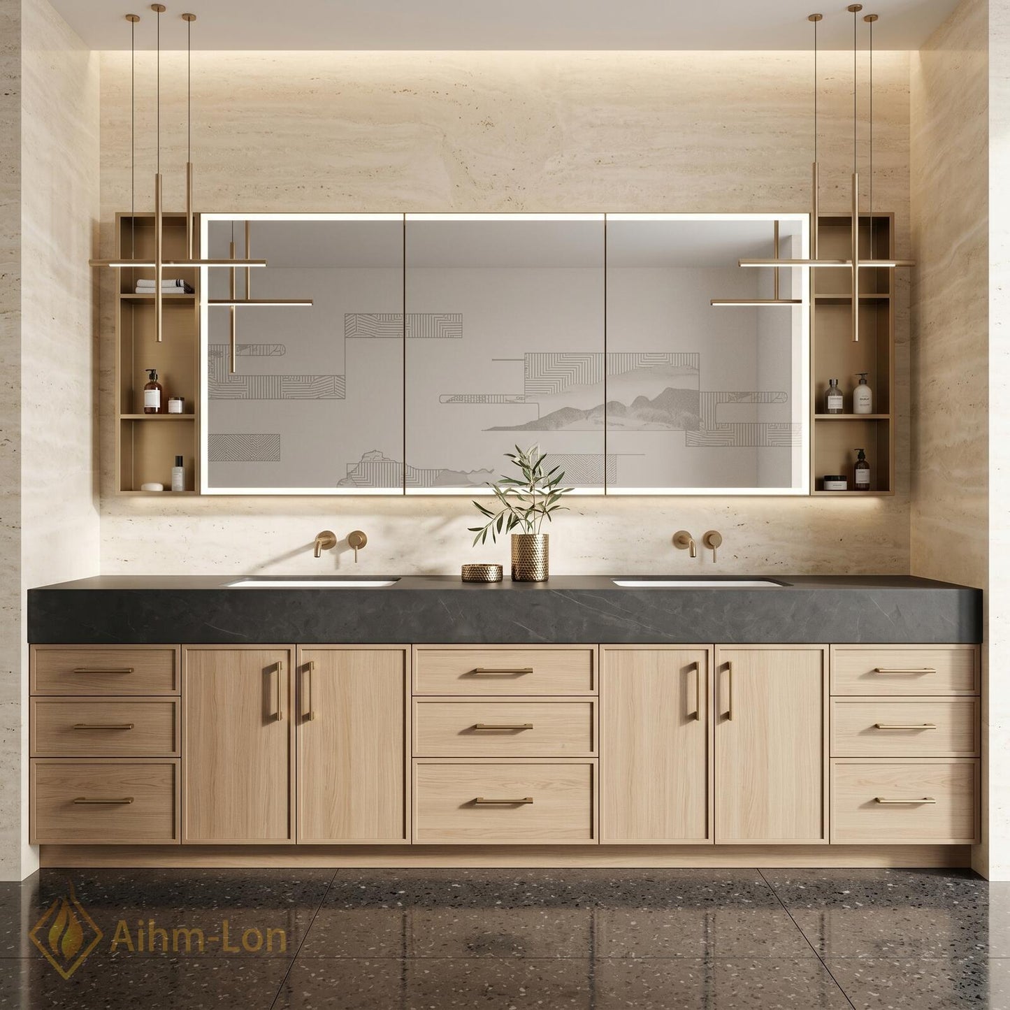 78''-96'' Double Bathroom Vanity with Sink Modern Floating Warm Oak Wood Panels