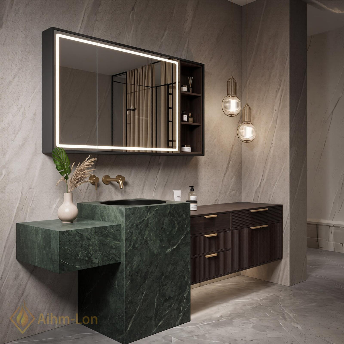 36''-110'' Bathroom Vanity with Sink Modern Green Sintered Stone Top