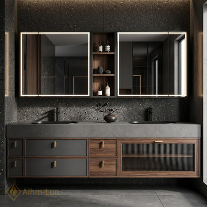 60''-96'' Double Bathroom Vanity with Sink Modern Floating Slatted Glass Doors Shelving