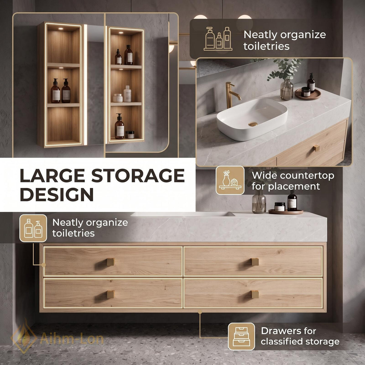 36''-110'' Floating Bathroom Vanity with Sink Wall-Mounted Design Light Wood Grain