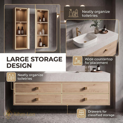 36''-110'' Floating Bathroom Vanity with Sink Wall-Mounted Design Light Wood Grain