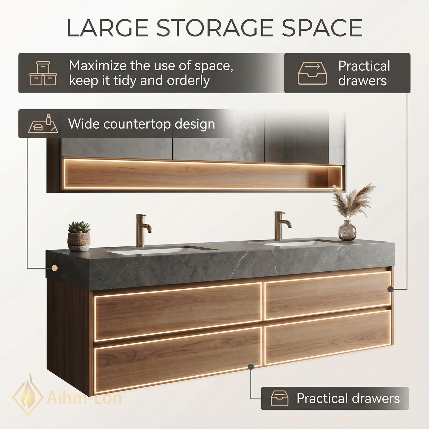 60''-96'' Double Bathroom Vanity with Sink Modern Floating Gray Marble Slatted Front