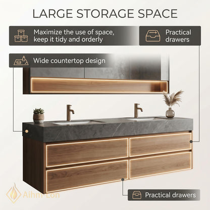 60''-96'' Double Bathroom Vanity with Sink Modern Floating Gray Marble Slatted Front