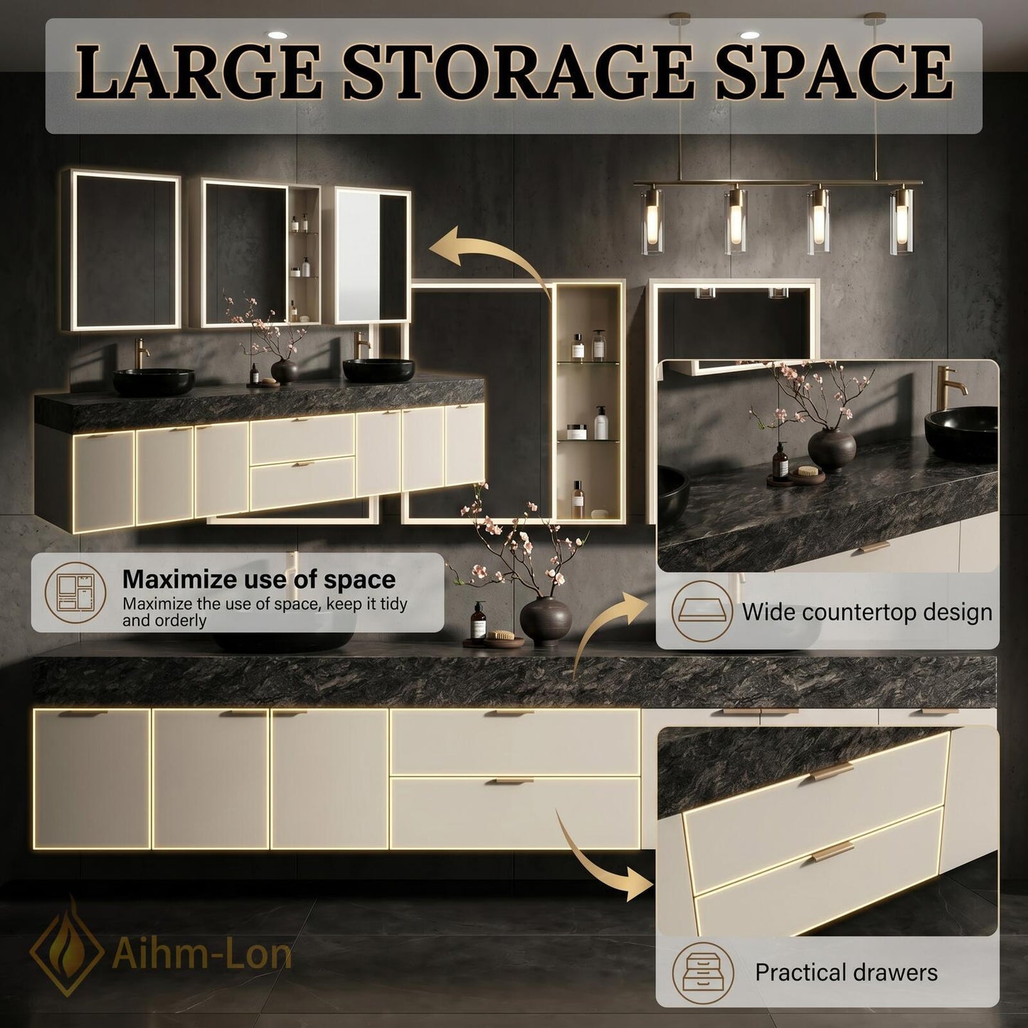 78''-96'' Double Bathroom Vanity with Sink Modern Floating Dark Walnut Slatted Panel