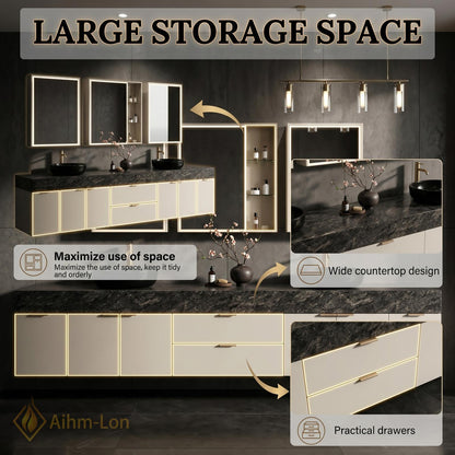 78''-96'' Double Bathroom Vanity with Sink Modern Floating Dark Walnut Slatted Panel