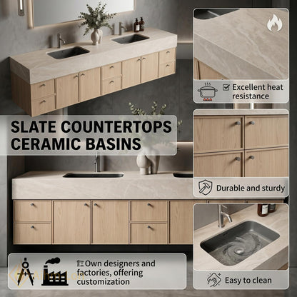 76''-96'' Double Bathroom Vanity with Sink Warm-Oak Modern Drawers Mirror Wall