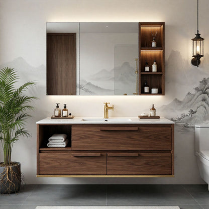 36''-64'' Floating Bathroom Vanity with Sink Dark Wood Grain Open Shelf Cabinet