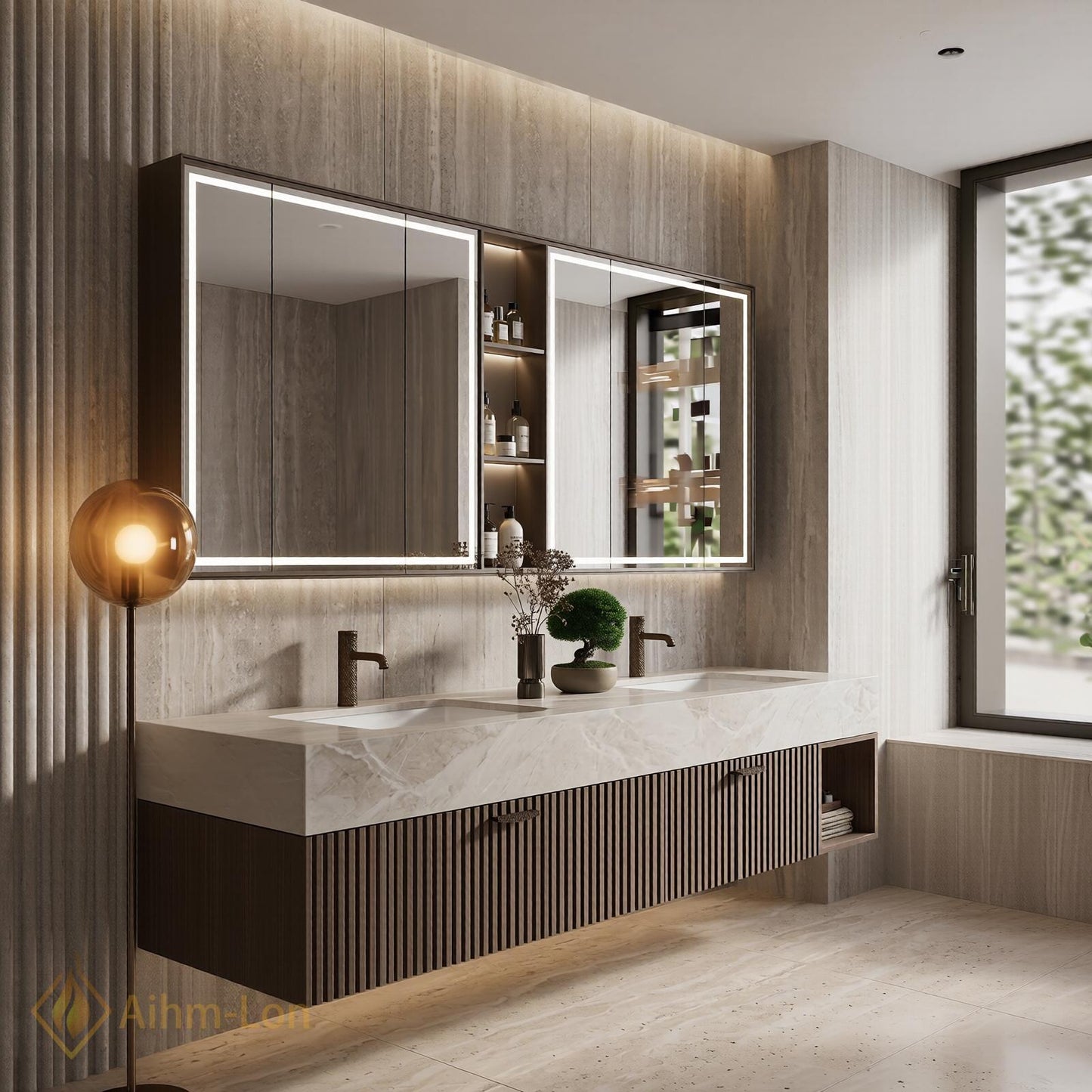 60''-96'' Double Bathroom Vanity with Sink Dark-Walnut Modern Floating Panel