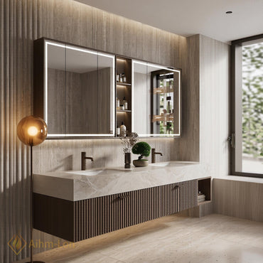 60''-96'' Double Bathroom Vanity with Sink Dark-Walnut Modern Floating Panel