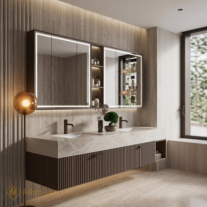 60''-96'' Double Bathroom Vanity with Sink Dark-Walnut Modern Floating Panel