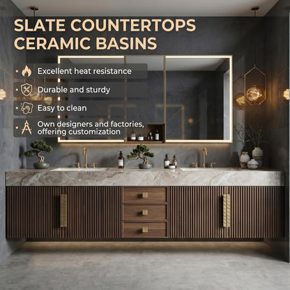 60''-96'' Double Bathroom Vanity with Sink Marble-Effect Top Dark Walnut Slatted Front