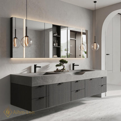 60''-96'' Double Bathroom Vanity with Sink Modern Floating Stone Top Ribbed Front
