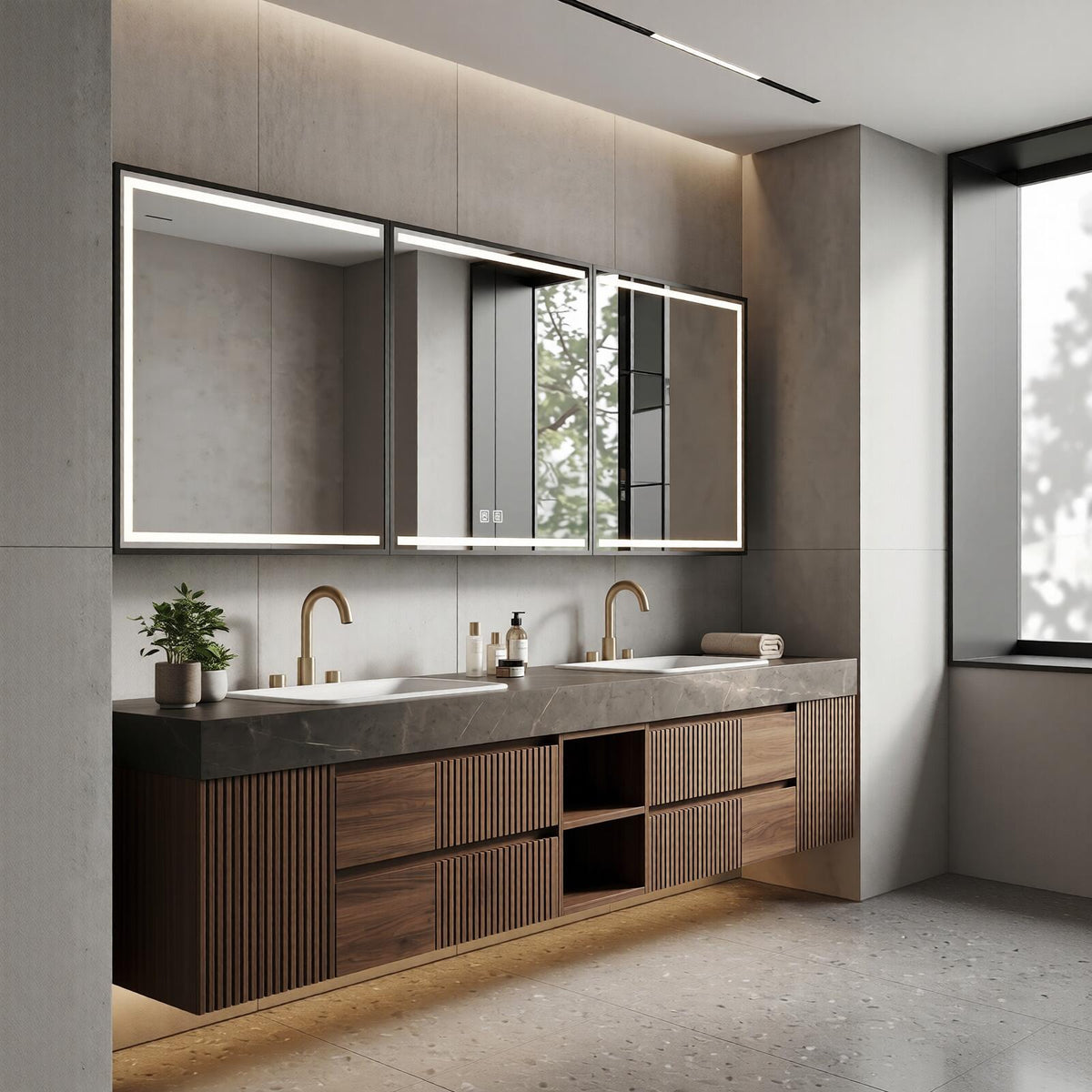 60''-96'' Double Bathroom Vanity with Sink Modern Floating Dark Stone Slatted Open Shelving