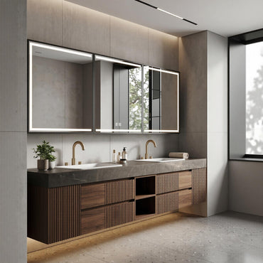 60''-96'' Double Bathroom Vanity with Sink Modern Floating Dark Stone Slatted Open Shelving