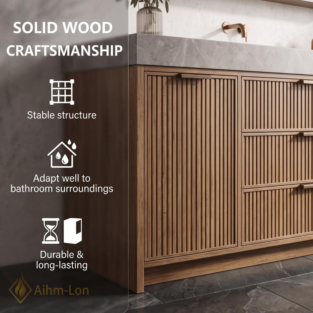 36''-110'' Bathroom Vanity with Sink Floating Sintered Stone Top Slatted Doors