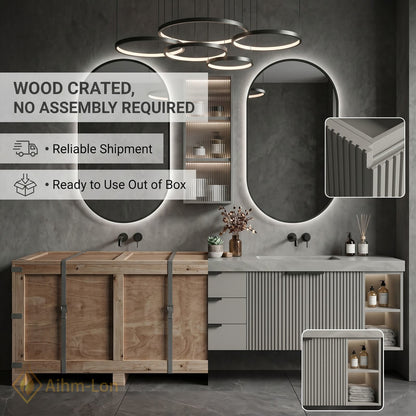 76''-96'' Double Bathroom Vanity with Sink Grey Modern Stone-Top Fluted Dark Panel