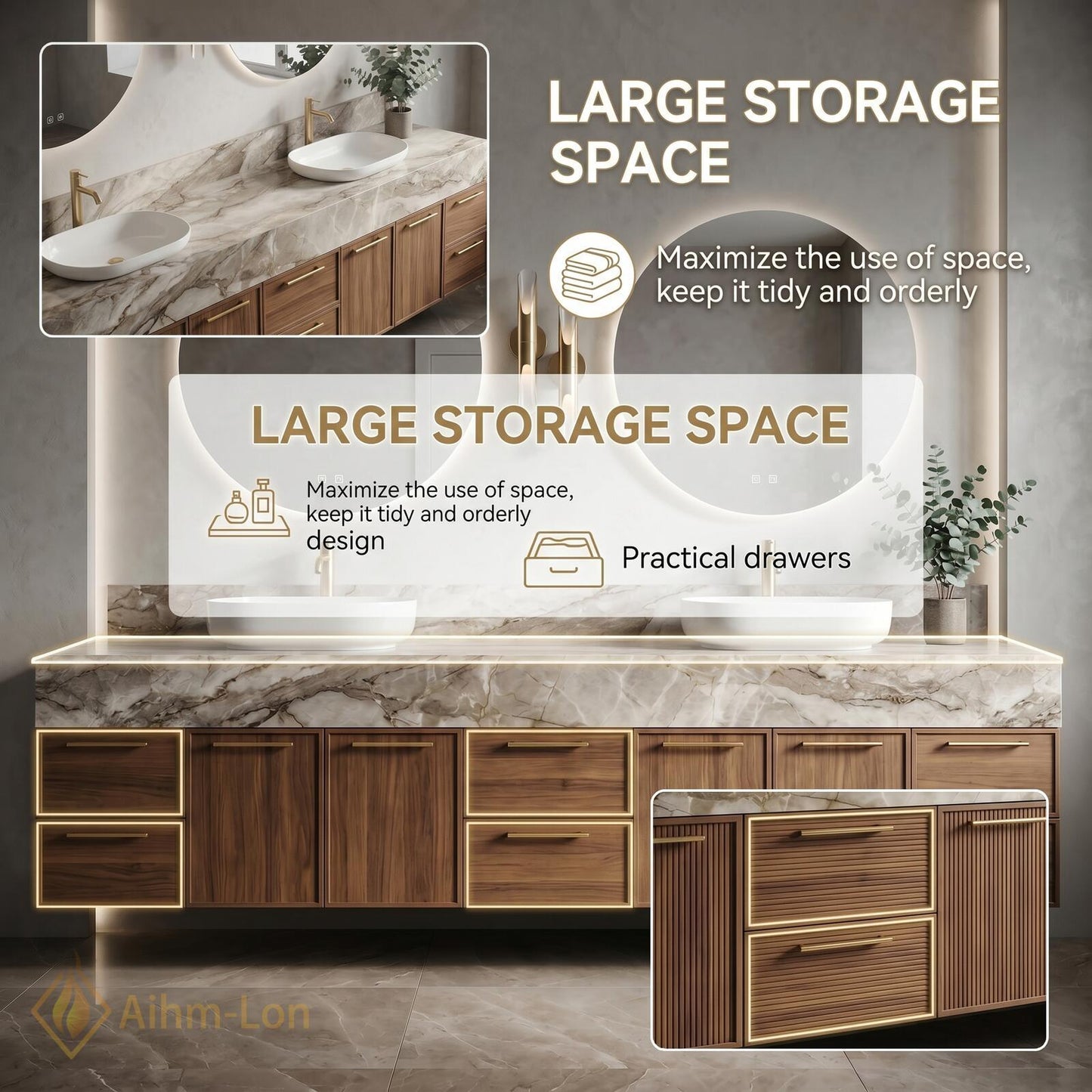78''-96'' Double Bathroom Vanity with Sink Floating Marble-Top Drawers Storage Sleek