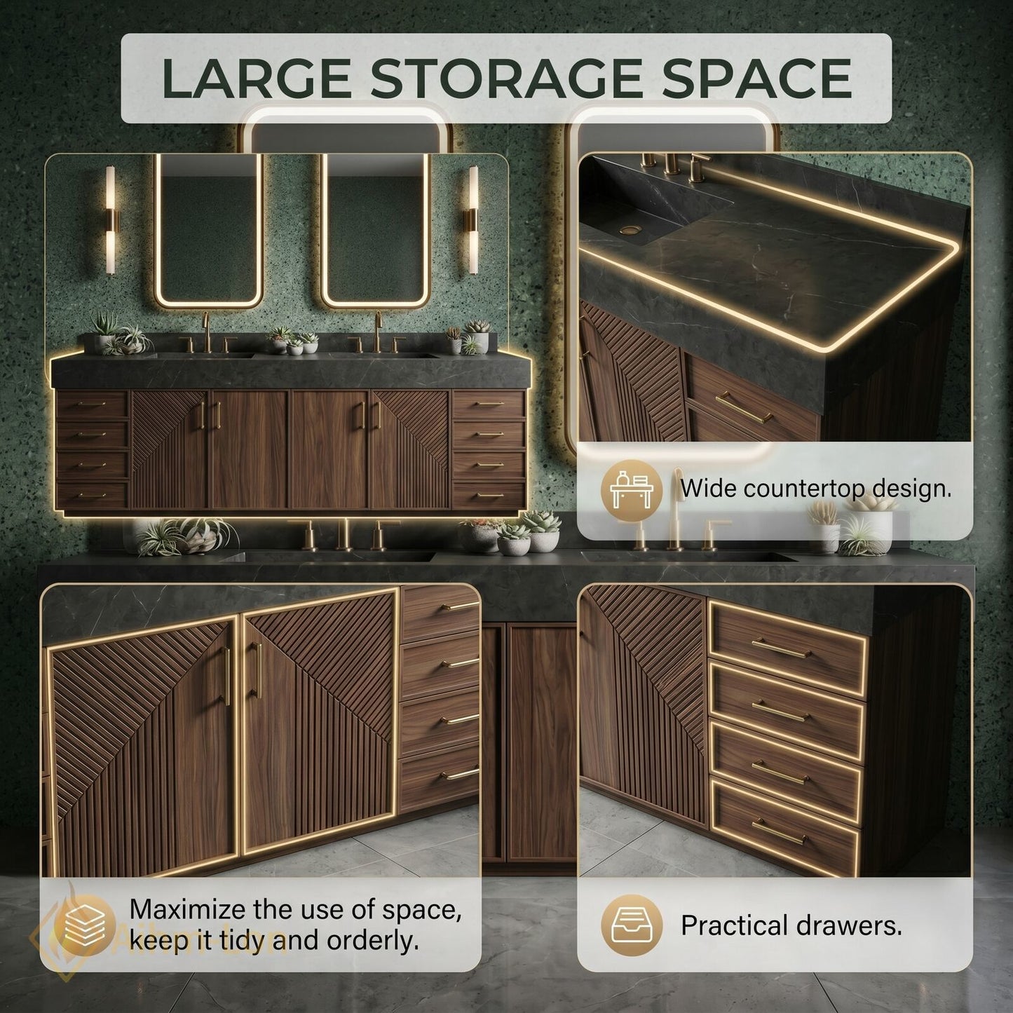 76''-96'' Double Bathroom Vanity with Sink Geometric Door Details Geometric Wood Dark
