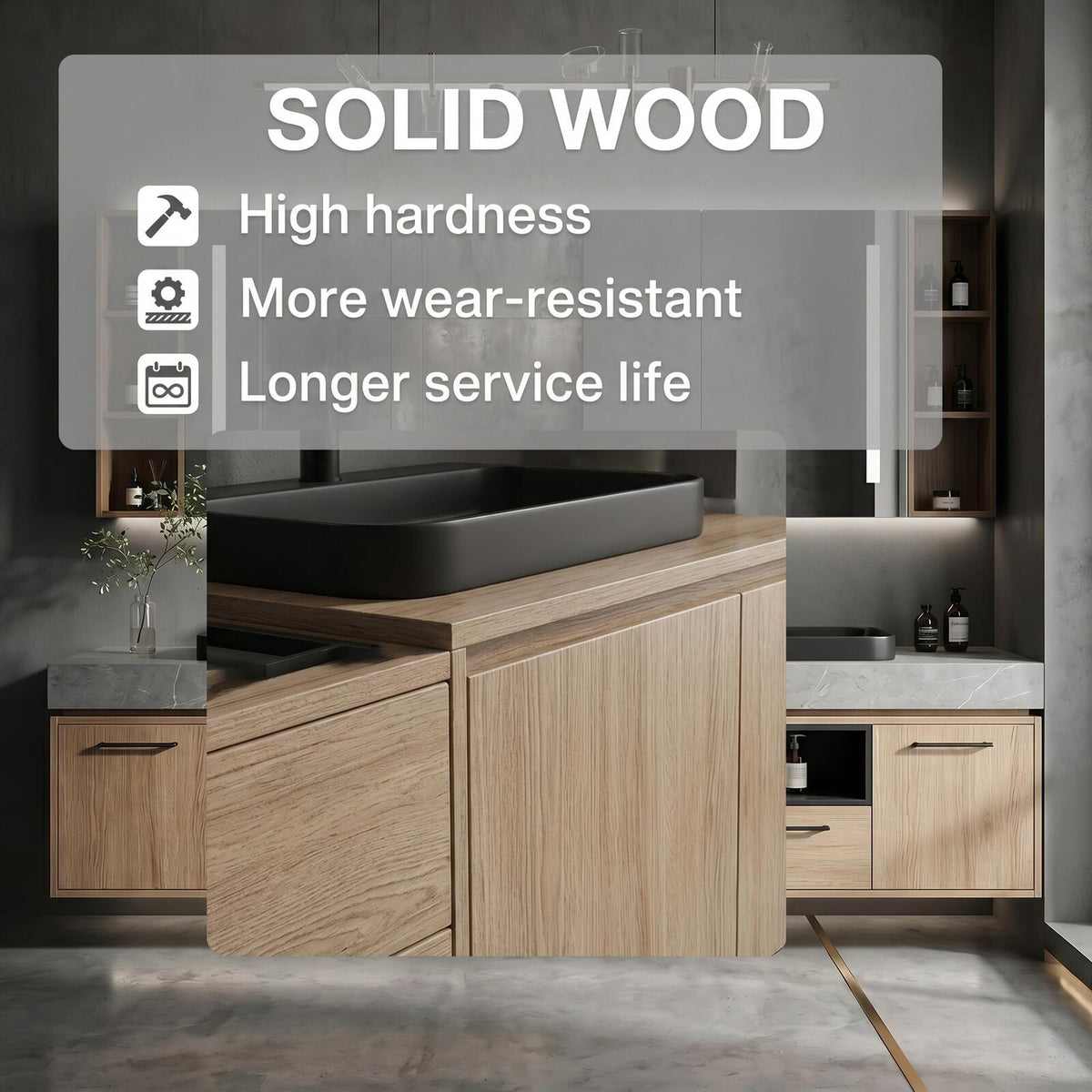 60''-96'' Double Bathroom Vanity with Sink Floating Light Oak Wood Grey Textured Stone