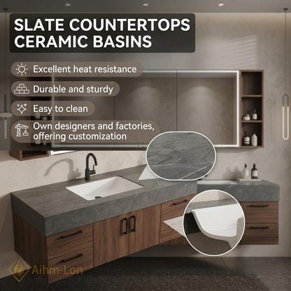 60''-96'' Double Bathroom Vanity with Sink Dark Walnut Finish Gray Stone Top