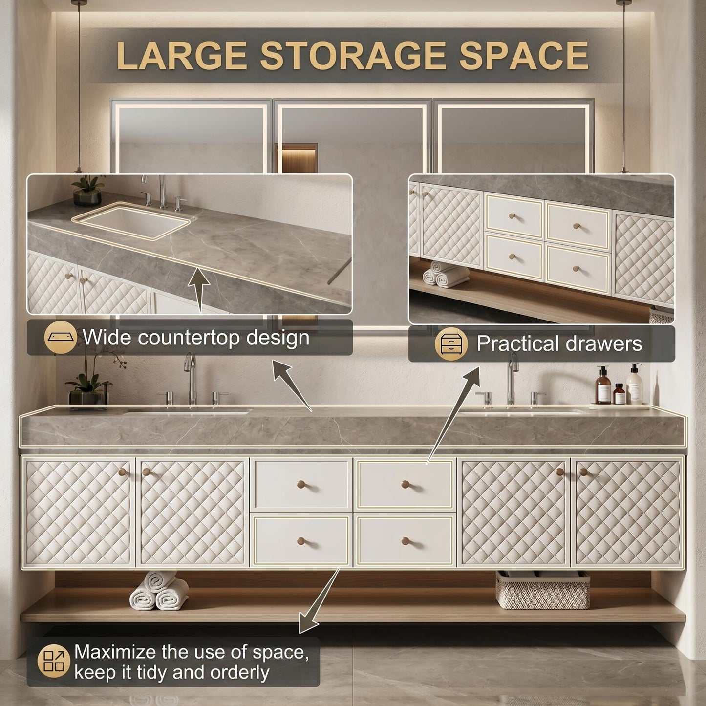 70''-96'' Modern Bathroom Vanity with Sink Double Sink Quilted Doors Quartz-Effect Storage Cabinet
