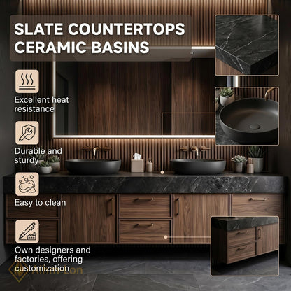 70''-96'' Double Bathroom Vanity with Sink Wood Walnut Modern Slatted Back Rich