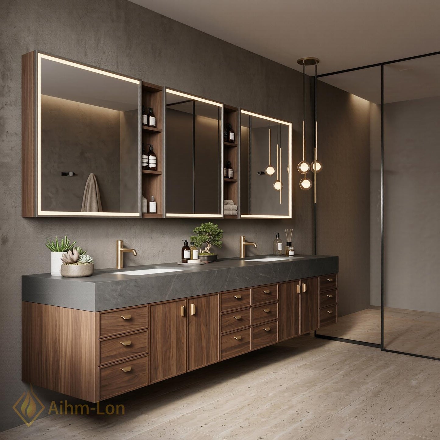 76''-96'' Modern Double Bathroom Vanity with Sink Dark Walnut Stone Top Shelving