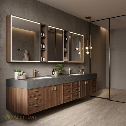 76''-96'' Modern Double Bathroom Vanity with Sink Dark Walnut Stone Top Shelving