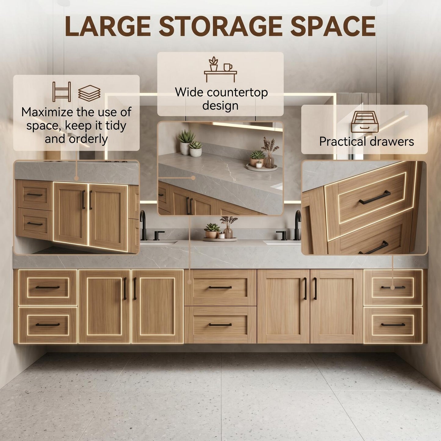 70''-96'' Modern Bathroom Vanity with Sink Double Sink Natural Wood Open Shelving Cabinet