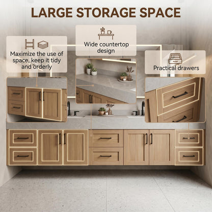 70''-96'' Modern Bathroom Vanity with Sink Double Sink Natural Wood Open Shelving Cabinet