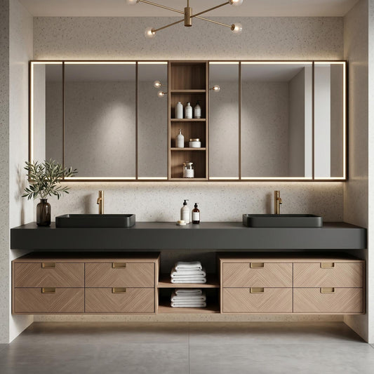 70''-96'' Modern Bathroom Vanity with Sink Double Sink Dark Matte Chevron Drawers Cabinet