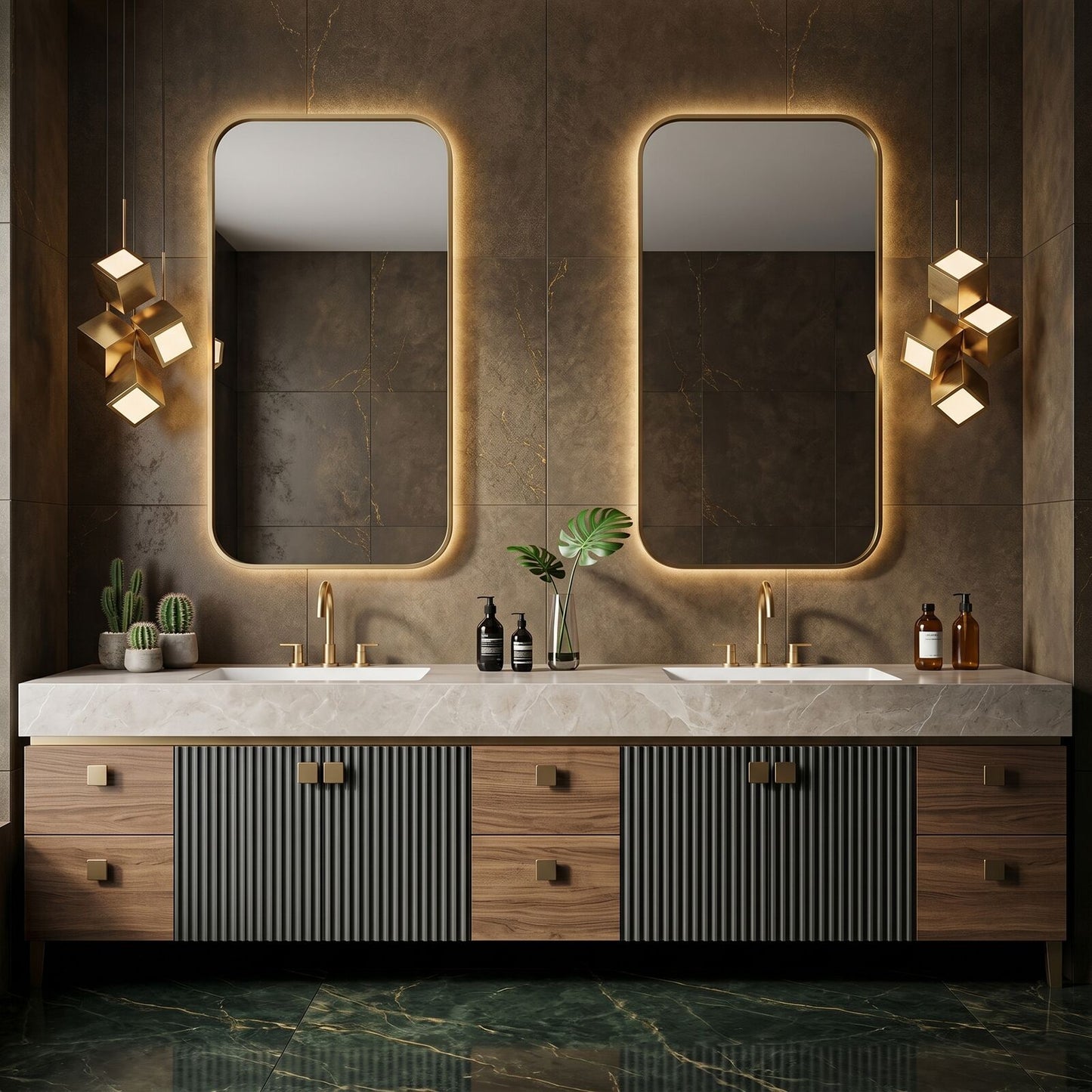 72''-96'' Modern Bathroom Vanity with Sink Double Sink Fluted Panel White Marble Drawers