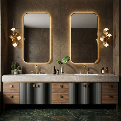 72''-96'' Modern Bathroom Vanity with Sink Double Sink Fluted Panel White Marble Drawers