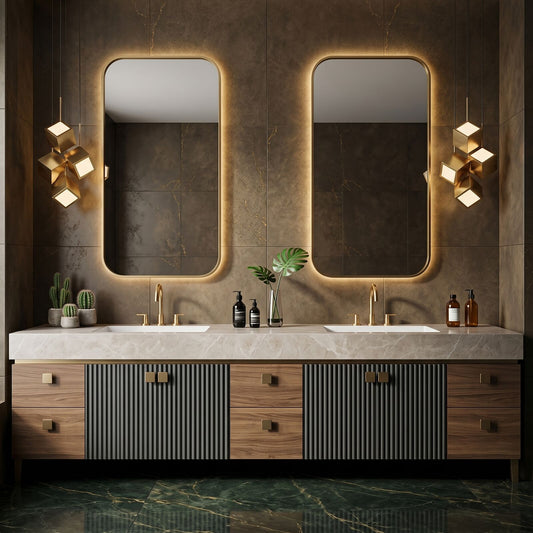 72''-96'' Modern Bathroom Vanity with Sink Double Sink Fluted Panel White Marble Drawers