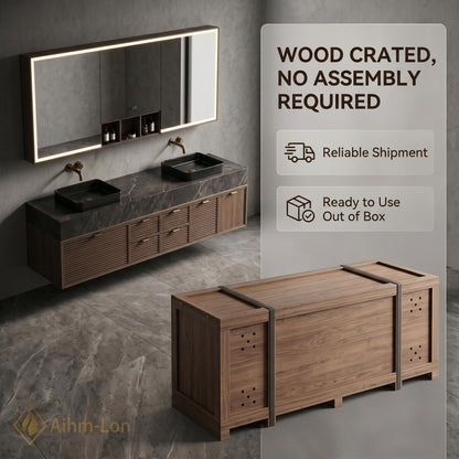 70''-96'' Modern Double Bathroom Vanity with Sink Dark Stone Slatted Drawers Storage