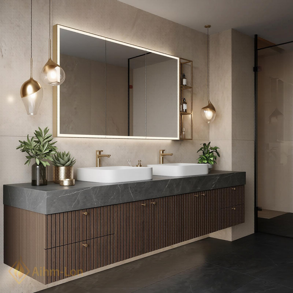 60''-96'' Double Bathroom Vanity with Sink Dark Walnut Slatted Open Shelving Cabinet