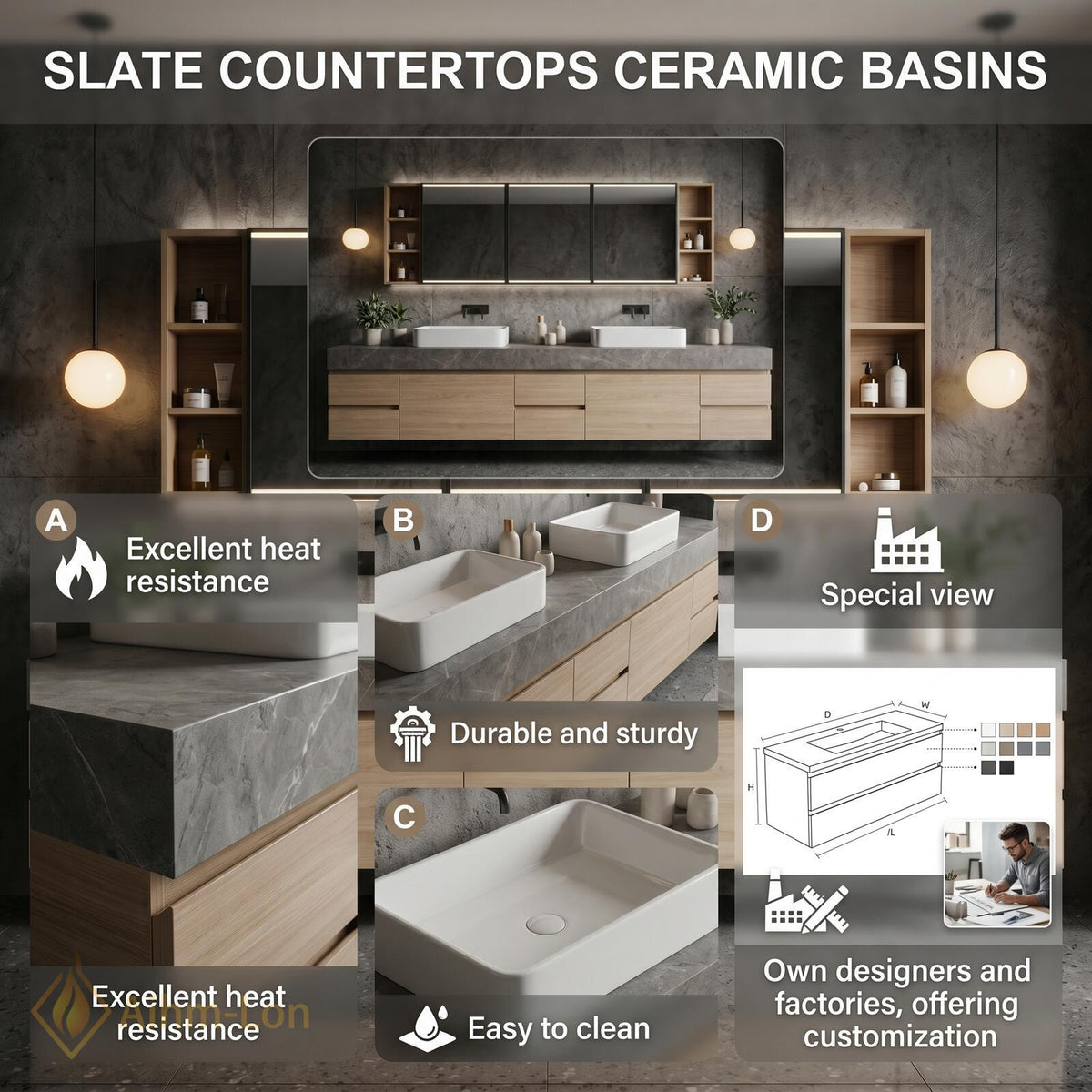 60''-96'' Double Bathroom Vanity with Sink Floating Grey Stone Top Wood Grain