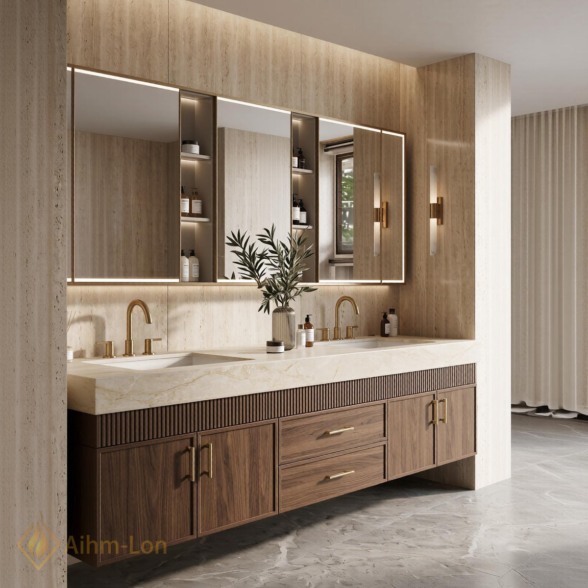 60''-96'' Double Bathroom Vanity with Sink Fluted Front Paneling Warm Wood Spacious Finish