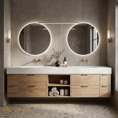 60''-96'' Double Bathroom Vanity with Sink Light-Oak Floating Veneer Open Shelving