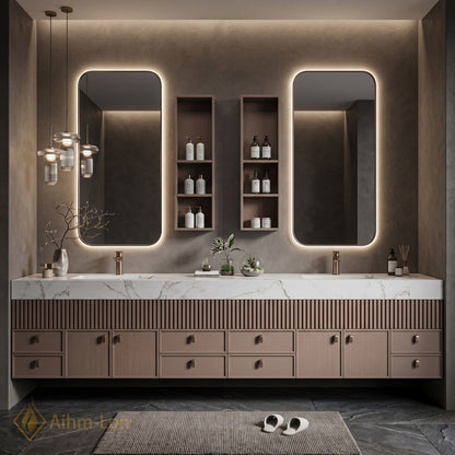 76''-96'' Double Bathroom Vanity with Sink Floating Slatted Wood Design Wide Marble