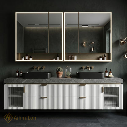 70''-96'' Double Bathroom Vanity with Sink Floating Fluted Ribbed Frosted Glass Panels