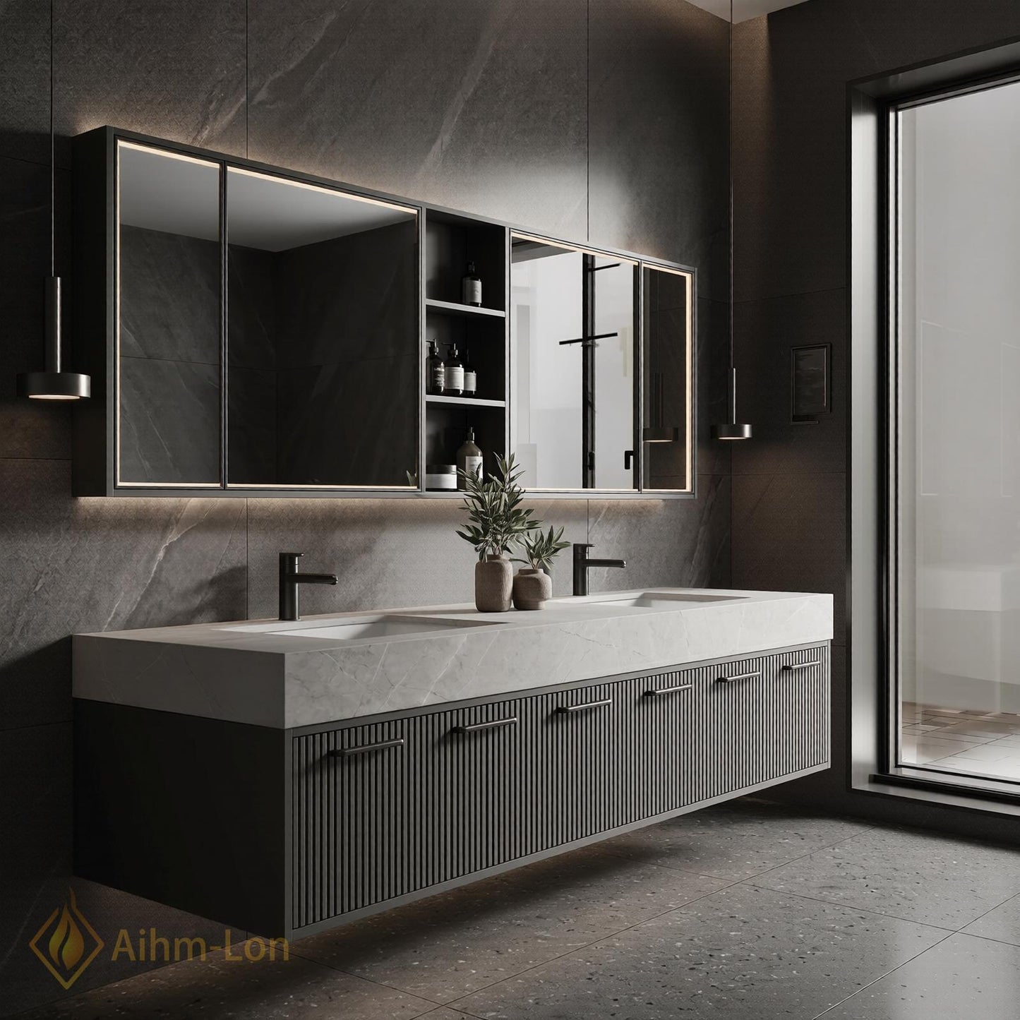 70''-96'' Double Bathroom Vanity with Sink Modern Ribbed Front Charcoal Finish Shelving
