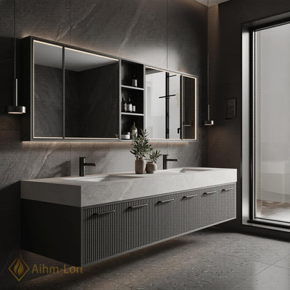 70''-96'' Double Bathroom Vanity with Sink Modern Ribbed Front Charcoal Finish Shelving