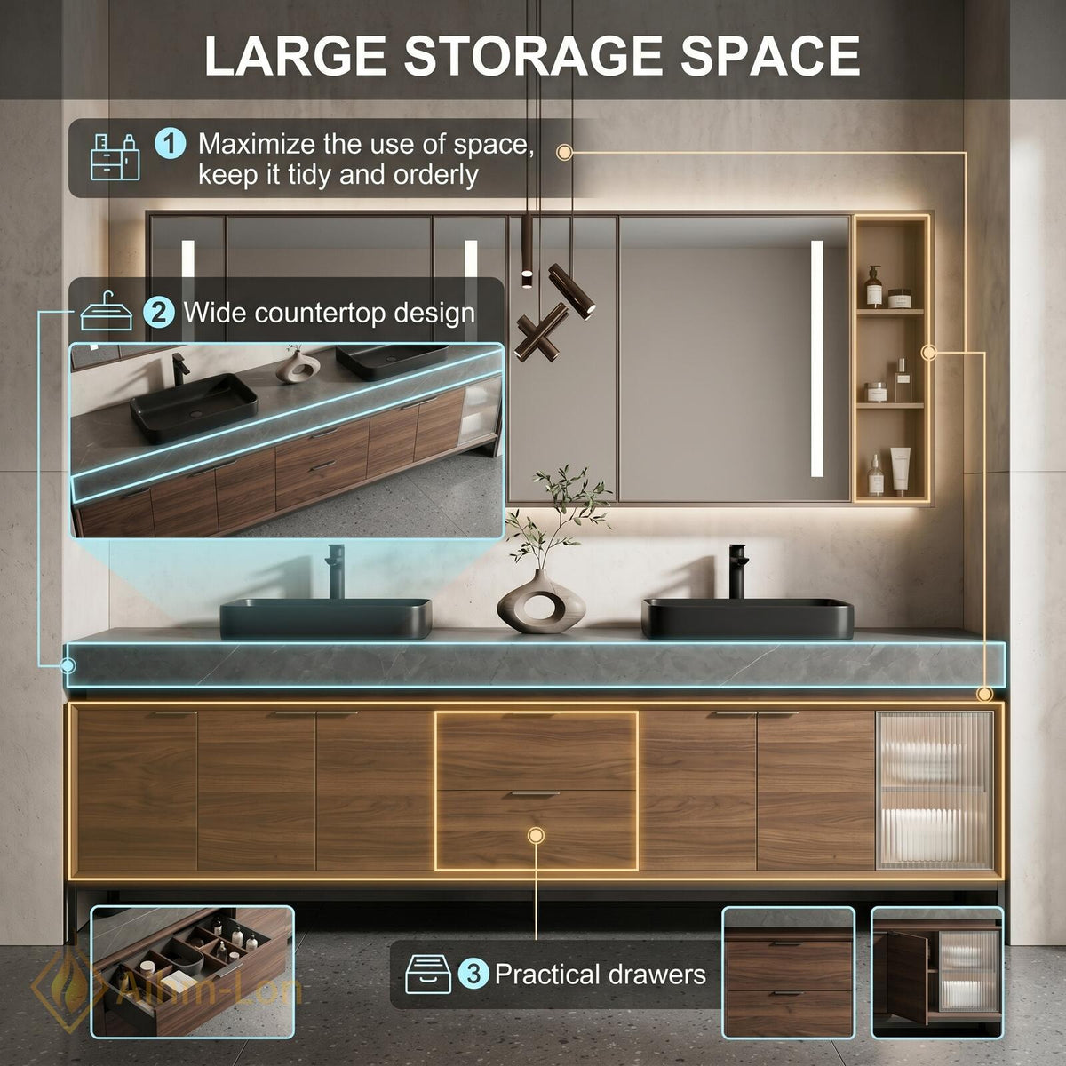 60''-96'' Double Bathroom Vanity with Sink Dark Stone Top Wood Grain Drawers