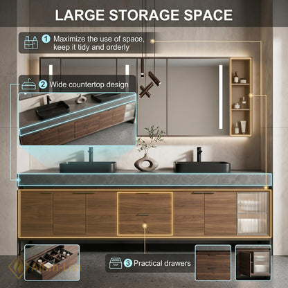 60''-96'' Double Bathroom Vanity with Sink Dark Stone Top Wood Grain Drawers