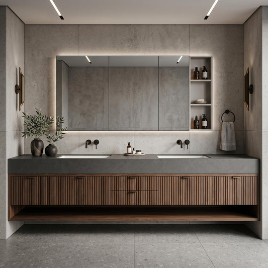 60''-96'' Double Bathroom Vanity with Sink Modern Floating Ribbed Wood Front Grey Top