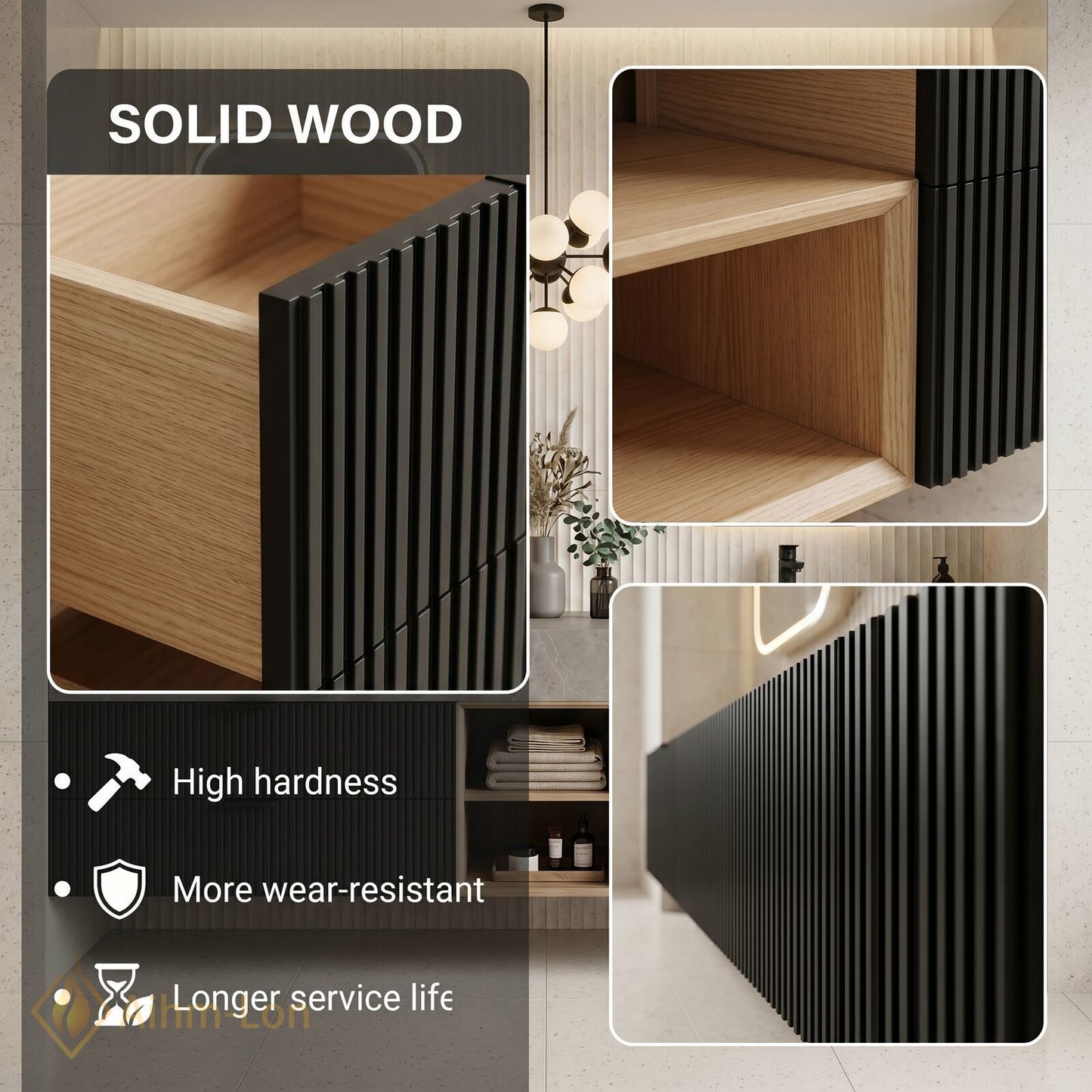 60''-96'' Double Bathroom Vanity with Sink Stone-Top Ribbed Dark Panels Smooth Open