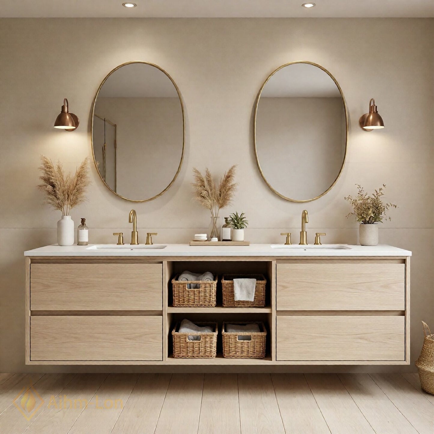 60''-96'' Floating Bathroom Vanity with Sink Double Center Shelves Natural Wood Grain