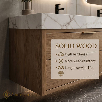 60''-96'' Double Bathroom Vanity with Sink Floating Rectangular Shape White Marble Top